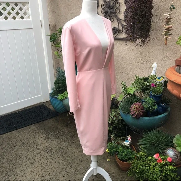 House Of CB Dominique Pink Deep Plunge Bodycon MIDI Dress Medium - Picture 8 of 16